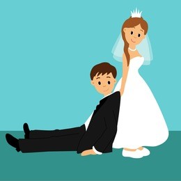 bride and groom, cartoon. funny. couple. wedding card with the newlyweds. vector illustration.