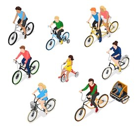 bicycle isometric people set of isolated bike rider faceless human characters of different age and gender vector illustration
