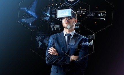 business, people and future technology concept - businessman in headset over black background with virtual screens