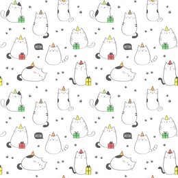 seamless pattern with funny cats. birthday party. vector background.