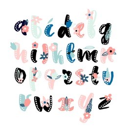 made with ink alphabet with floral elements.decorative abc isolated on white. vector illustration