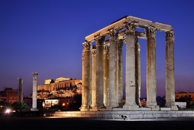the temple of olympian zeus (considered one of the biggest of the ancient world) in the "blue" hour, with acropolis in the background