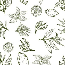 seamless pattern green tea, hand-drawn leaves and branches of tea