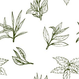 seamless pattern green tea, hand-drawn leaves and branches of tea
