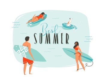 hand drawn vector abstract cartoon summer time fun illustration with happy surfers family with long boards and modern typography quote best summer isolated on white background.