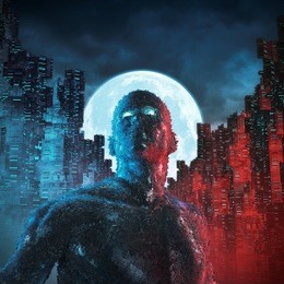 urban android moon / 3d illustration of male robot in futuristic city under a full moon