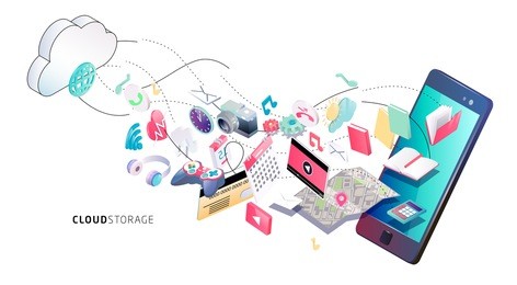isometric concept of cloud computing. cloud network and services. information exchange between cloud and phone. vector illustration.
