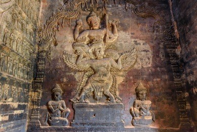 bas-relief sculpture at prasat kravan, siem reap, cambodia.