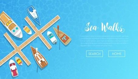 sea walks banner with yachting tour advertisement. yachts and boat trip. beach vacation. vector illustration