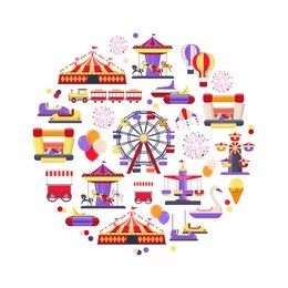 amusement park icon set in circle shape. concept design with a ferris wheel, roller coaster, carousel,  circus and etc. vector illustration