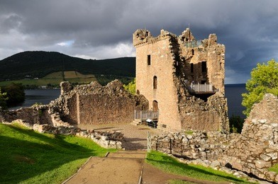 ruins of urquhart castle near loch ness, scotland.