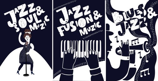 black and white jazz festival musicians singers and musical instruments poster set isolated vector illustration
