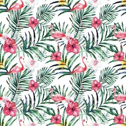 watercolor tropical seamless pattern with flowers, leaves and flamingo
