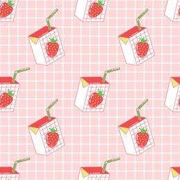 seamless pattern with cute cartoon strawberry milk boxes