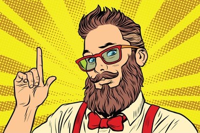 bearded hipster man portrait pointing finger. pop art retro vector illustration