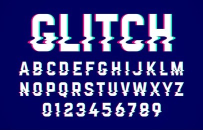 trendy style distorted glitch typeface. letters and numbers vector illustration.