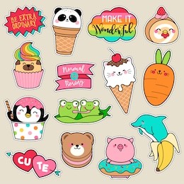 set of fashion patches, cute colorful badges, fun cartoon icons design vector
in animal shaped food concept
