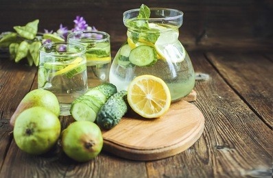 a healthy drink. pears. on a wooden background.