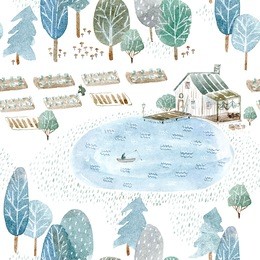 seamless pattern of a fisherman's house and garden.landscape of a forest, lake and lake.watercolor hand drawn illustration.white background.