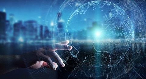 flying earth network interface activated by businessman on blurred background 3d rendering