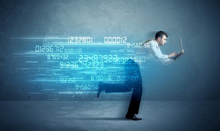 business man running with media device and high tech wireless data concept on background