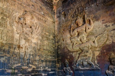 bas-relief sculpture at prasat kravan, siem reap, cambodia.