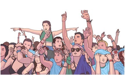 illustration of mixed ethnic festival crowd partying in the rain in color