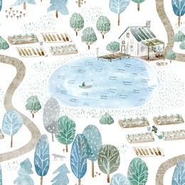 seamless pattern of a fisherman's house and garden.landscape of a forest, lake, road and lake.watercolor hand drawn illustration.white background.