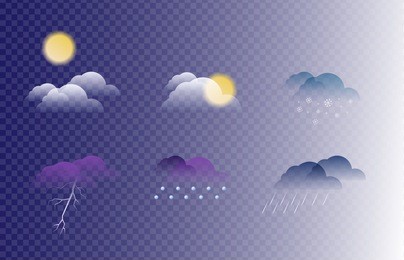 weather icons: sunny, partly cloudy, thunderstorm, hail, rain, snow. vector.