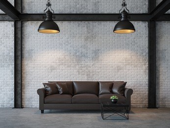 loft style living room 3d rendering image.there are white brick wall,polished concrete floor and black steel structure.furnished with dark brown leather sofa