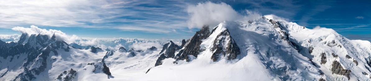 mont blanc is the highest mountain in the alps and the highest in europe. beautiful panorama of european alps in sunny day. haute-savoie, france
