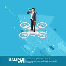 future business leader concept finance manager business man stand on drone.flat isometric people executive manager vector investor trader business future vision individual success