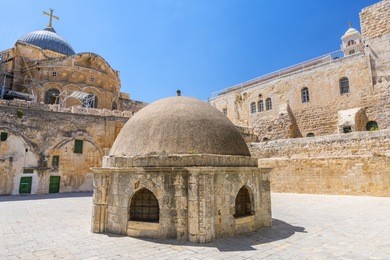 the cupola in the middle of the roof of the church of holy sepulchre, admits light to st helena’s crypt and dome ethiopian monastery in jerusalem, israel.