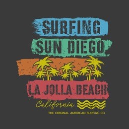 vector illustration on the theme of surfing and surf in california, sun diego. vintage design.  grunge background.  typography, t-shirt graphics, print, poster, banner, flyer, postcard