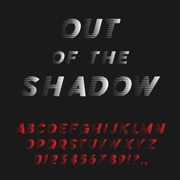 bold italic font coming out of the shadow. futuristic sans serif typeface. letters, numbers, punctuation marks. latin alphabet. vector