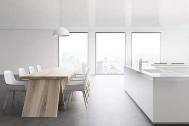 white kitchen interior with three windows, marble countertops and a long wooden table with white chairs standing around it. 3d rendering mock up