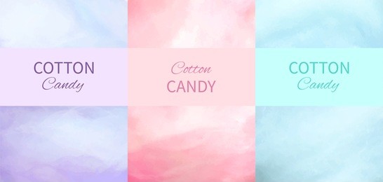 cotton candy backgrounds in purple, pink and blue colors with place for advertisement text vector illustration. dessert for children called sugar glass