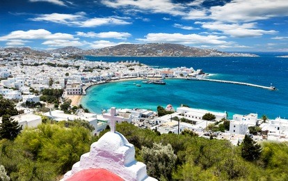 panoramic view over the town of mykonos island in greece during summer