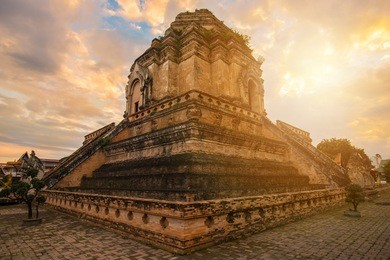 wat chedi luang at sunset this place is one of the most tourist attraction in chiang mai province of thailand.