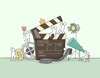 sketch of little people with cinema symbols. doodle cute miniature scene about movie making. hand drawn cartoon vector illustration.