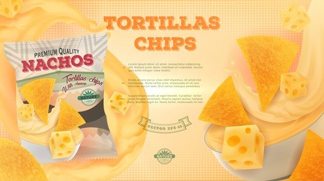 nachos chips ads. vector realistic illustration of tortilla chips with cheese flavor. horizontal banner with chips package.