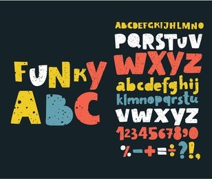 vector set alphabets. cute colorful english alphabet, vintage font on dark background, bold, funny hand written capital abc. lowercase and uppercase letters, numbers and sigst on dark background