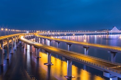 illuminated xinghai bay cross-sea bridge of dalian,china.