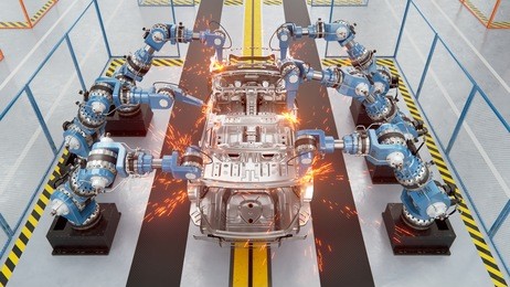 car conveyor belt on the automobile plant with spot welding robots 3d rendering