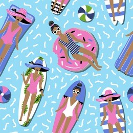 hand drawn vector abstract cartoon summer time. fun illustration seamless pattern with swimming people.