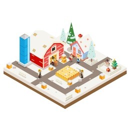 winter village agriculture farm rural house building season christmas isometric 3d lowpoly icon real garden estate symbol meadow background flat design vector illustration