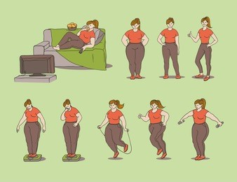 vector sketch set illustration of how a fat girl loses weight. young woman eat and measures the weight on scales and active play sports. jumping rope, running and performing exercises with dumbbells.