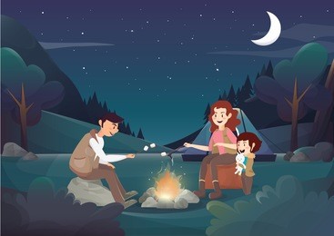 cozy family camping in the night illustration.vector