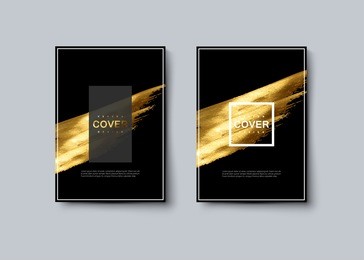 black and golden luxury cover design. vector artistic illustration. brochure, flyer, banner and booklet mockup. abstract vintage background with golden paint stain