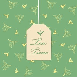 tea time text in tea bag on green top leaf tea pattern background vector design